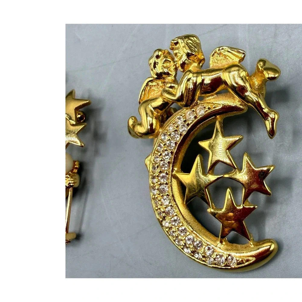 Vintage Gold Tone Cherub Brooch Set Celestial Moon Stars Faux Pearl Rhinestone